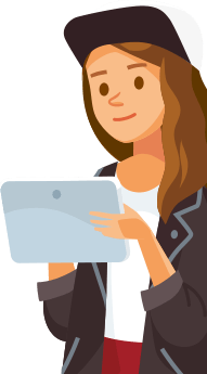 Ilustração de uma aluna segurando um tablet