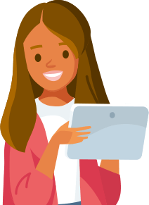 Ilustração de uma aluna segurando um tablet