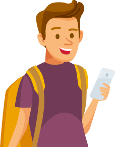 Ilustração de um aluno com mochila nas costas e segurando um smartphone