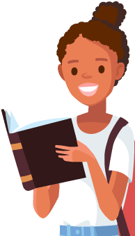 Ilustração de uma aluna sorrindo enquanto lê um livro